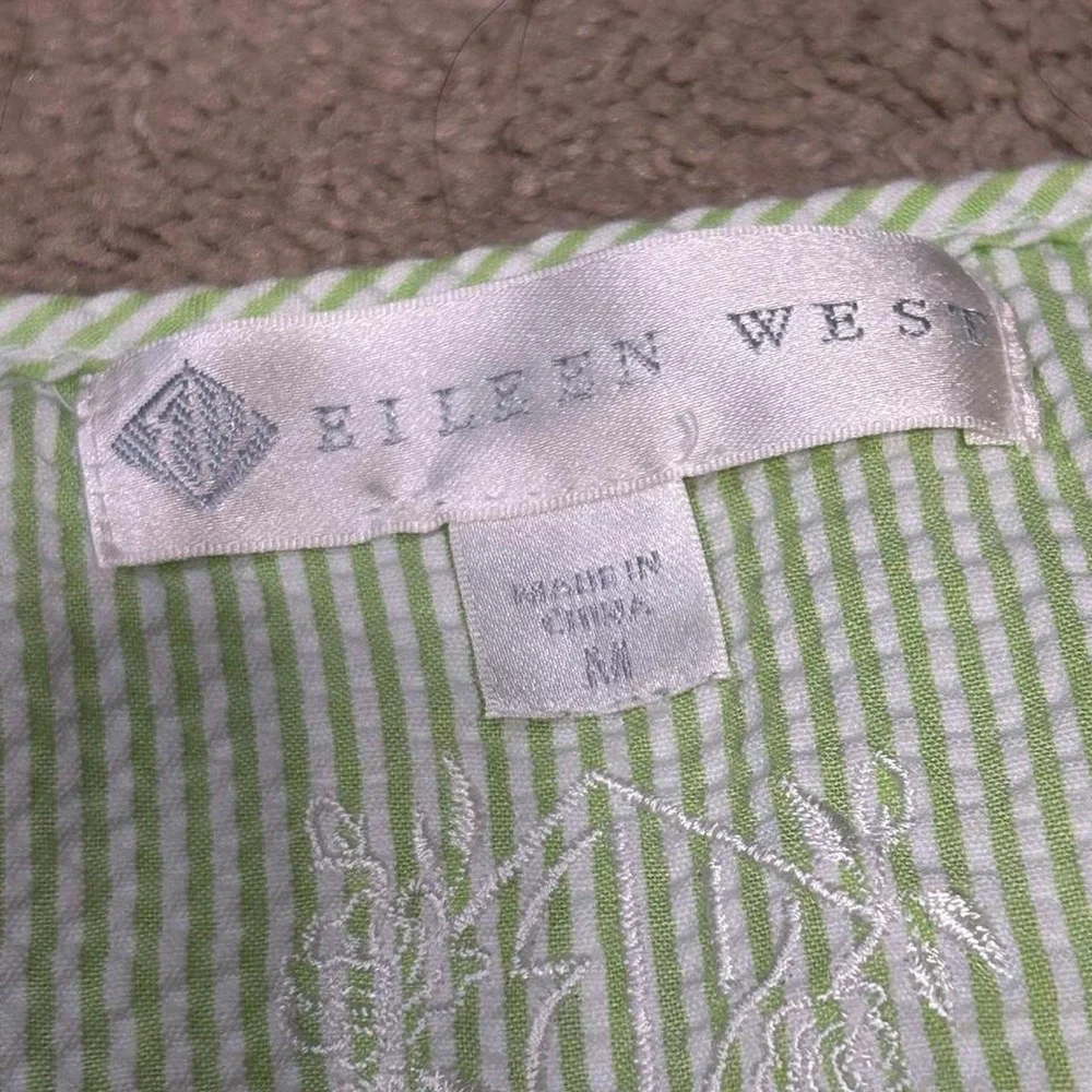 Y2K Eileen West Seersucker Striped Embroidered House Dress Nightgown Womens M
